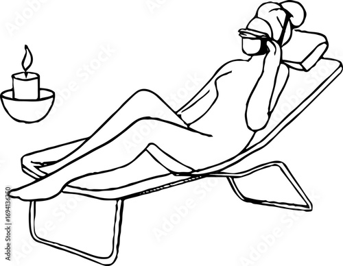 Minimalist line art of woman relaxing in spa with candle for relaxation and wellness design