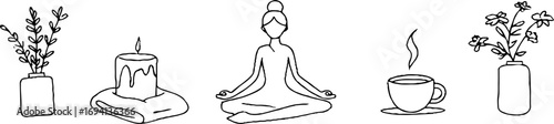 Minimalist line art of meditating woman with yoga elements for wellness and relaxation design