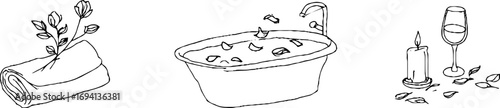 Minimalist line art of relaxing bath time with candle and wine for spa and wellness design