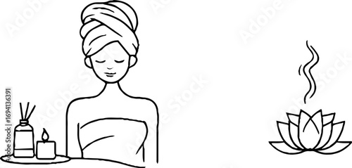 Minimalist line art: woman relaxing in spa with incense and candle for wellness design