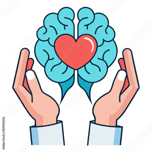 Two hands gently cradling a human brain containing a heart symbol