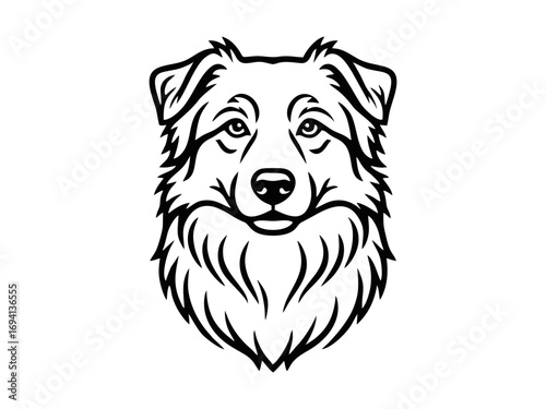 Vector isolated one single Aussie Australian Shepherd dog head portrait front view black and white bw two colors silhouette. Template for laser engraving for pet ID tag or stencil, print for t shirt