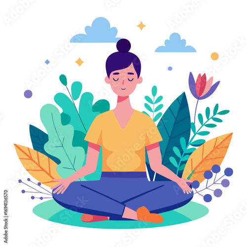 Serene person meditating surrounded by abstract calming elements