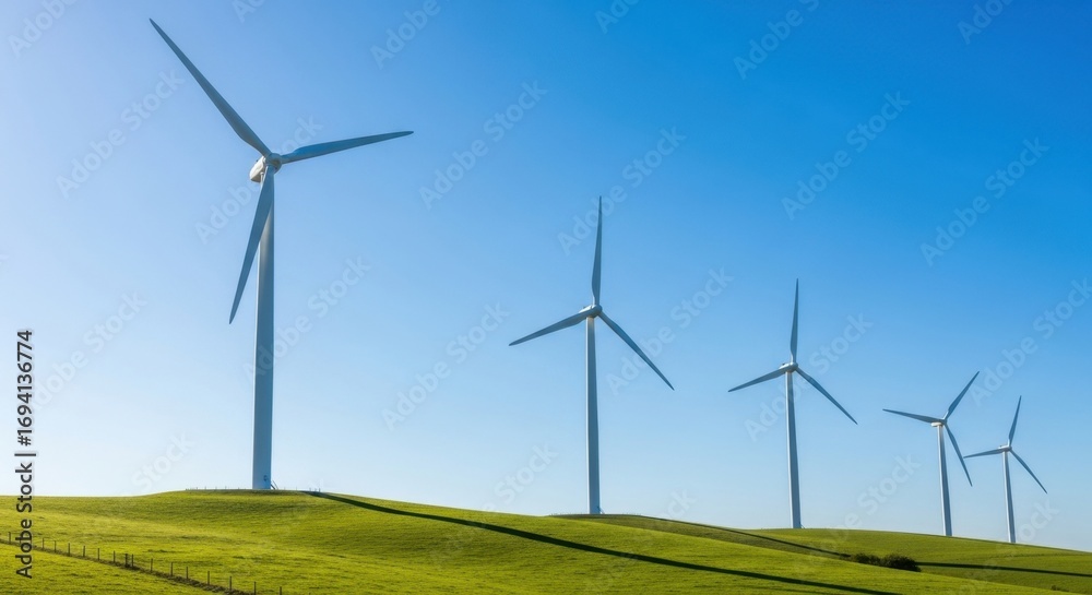 Wind turbines on green hills under clear blue sky for renewable energy Wind turbines on green hills under clear blue sky for renewable energy