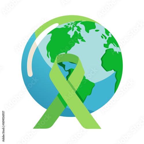 World globe with green awareness ribbon illustration