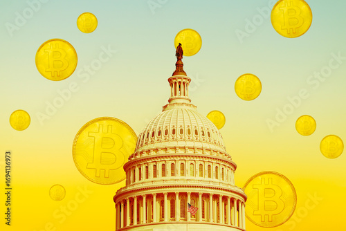 United States Capitol building with bitcoins floating in sky
