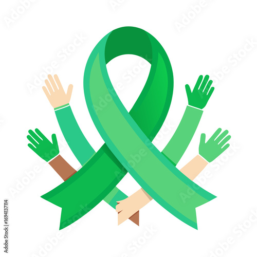 Green ribbon held by supportive hands symbolizing hope and care
