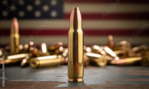 Single brass rifle cartridge standing upright with blurred american flag and ammunition