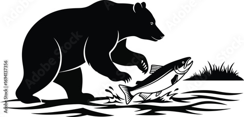 Silhouette of a bear catching a salmon in a river, a powerful symbol of nature and wildlife in black and