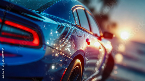 Close-up of a sleek car rear with raindrops reflecting sunset light and palm trees
