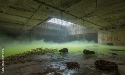 Abandoned underground bunker with eerie green glowing toxic mist and warning sign