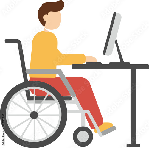Flat Design Disabled Person Working at Computer Icon