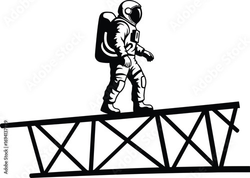 An astronaut walks a bridge astronaut is wearing a spacesuit and helmet, and is carrying a backpack
