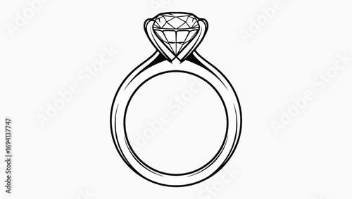 Elegant solitaire diamond ring in a minimalist black and white line drawing style. Vector icon of classic engagement jewelry for wedding and romance concepts