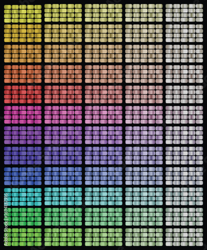 comprehensive grid displays a versatile collection of smooth metallic gradient color swatches showcasing a full spectrum of vibrant hues from warm golden yellows coppers and reds to pinks.