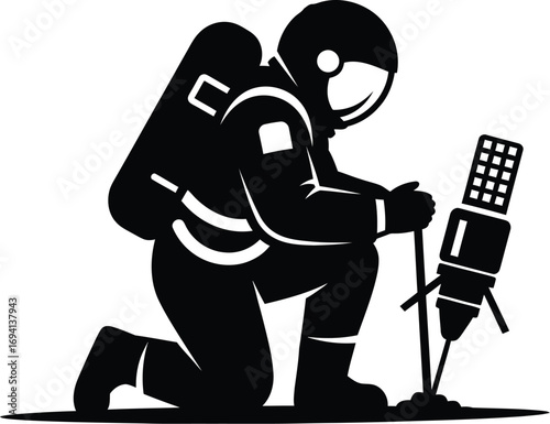 An astronaut kneels next to a microphone astronaut is wearing a spacesuit and helmet, and is carrying a backpack