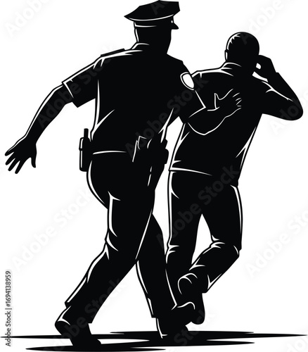 Silhouette of a police officer arresting a suspect, officer is holding suspects arm, conveying law enforcement action