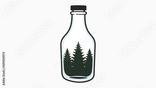 Bottle containing silhouettes of evergreen trees, symbolizing nature conservation, sustainability, and eco-consciousness