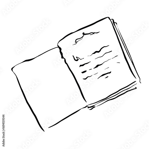 Open vintage book with visible text lines. Vector whimsical quickly sketch line art illustration. Ideal for book romance concepts, literature aesthetics, posters, covers, stationery, decor, invitation