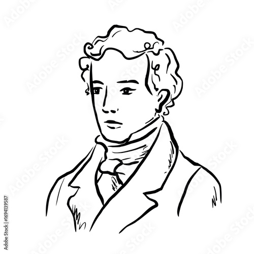 Portrait of elegant young man in vintage clothing. Vector whimsical quickly sketch line art. Perfect for book romance themes, literature designs, classic posters, decor, wedding stationery, prints.