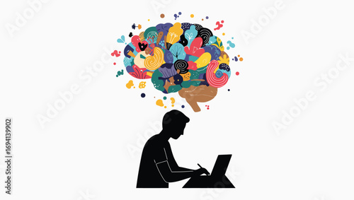 Conceptual illustration of a creative mind, with a designer's brain filled with a diverse community of people representing collective inspiration and ideas