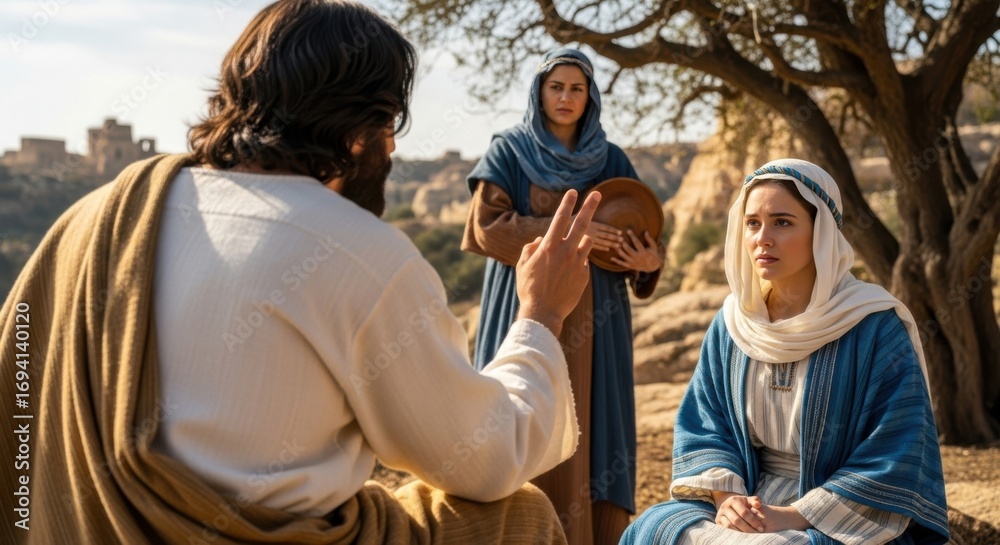 Fototapeta premium Jesus Christ visiting Martha and Mary in Bethany and their brother Lazarus. Biblical story, gospel story