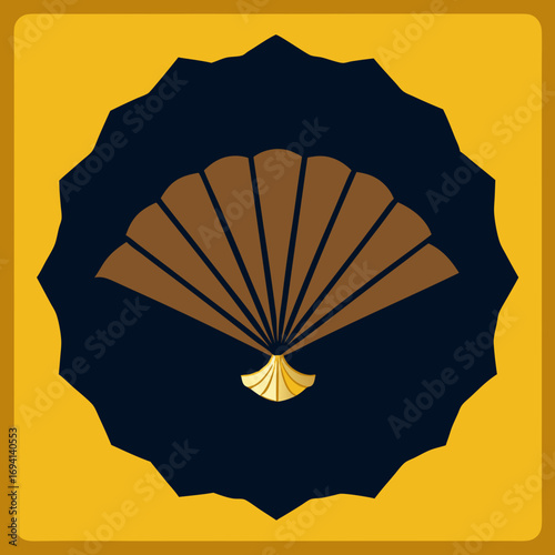 Brown fan on dark blue jagged edged shape