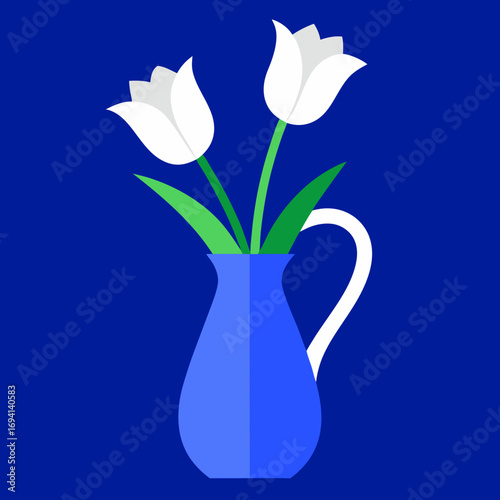 Two white tulips in a blue pitcher vase