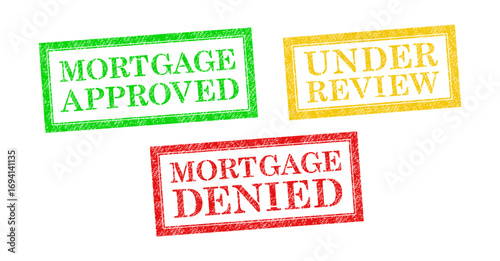 Vector set of Mortgage Approved, Under Review and Mortgage Denied stamp isolated on white background. Concept of real estate and loan review.