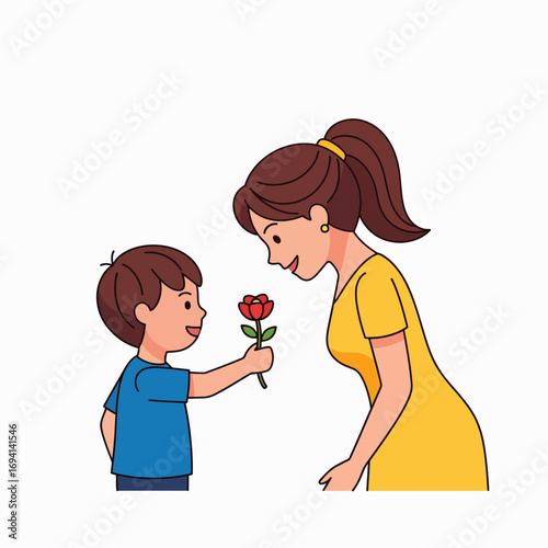 A small boy presents a single red rose to his mother showing his love