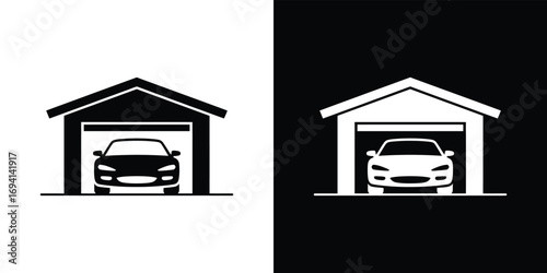 Car in Garage Silhouette with Front View, Parking, Automotive Icon, Transparent