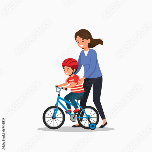 Mother teaching her son to ride a bicycle with training wheels safely