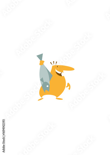 Man drawn in a very cartoonish style who has caught a fish