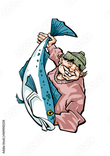 Happy fisherman who has caught a very large cod