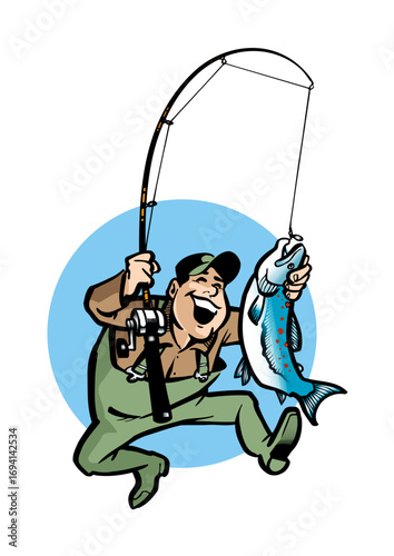 Happy angler with a blue sky in the background who has caught a salmon