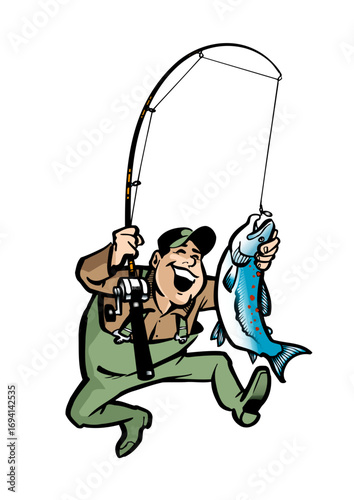 Happy angler who has caught a salmon