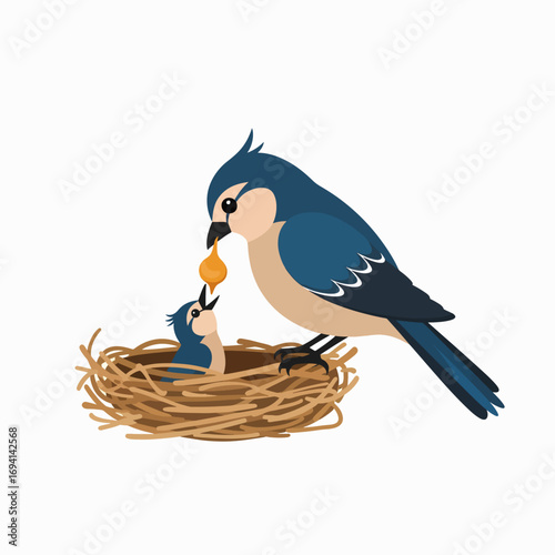 Parental Nurturing Birds Feeding Their Young in a Cozy Nest Outdoors