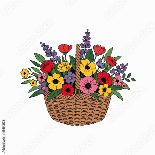 Beautiful Woven Basket Filled With A Vibrant Assortment Of Colorful Spring Flowers And Greenery