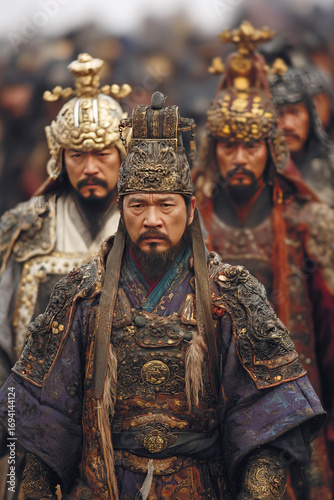 Warrior leaders in elaborate armor march during a historical event in an ancient battlefield
