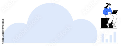 Woman sitting on a black block while working on a laptop above a large cloud and bar graph. Ideal for data storage, cloud technology, remote work, analytics, tech solutions, innovation concepts