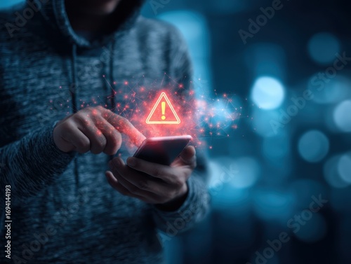 System hacked warning alert, Man using smartphone with Fraud call center or cyber attack network. Cyber security and cybercrime. Compromised information internet.