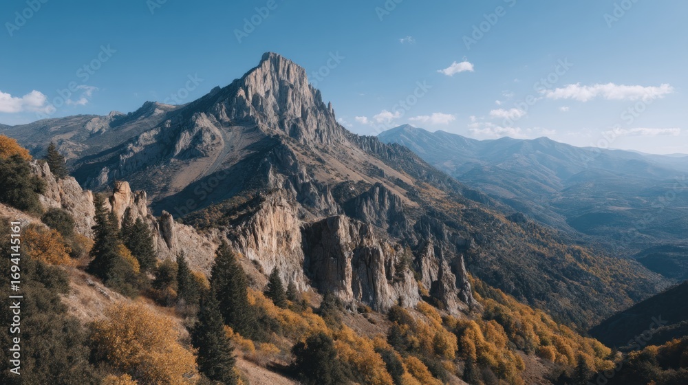 Naklejka premium Majestic Mountain Landscape Under a Blue Sky and with Trees