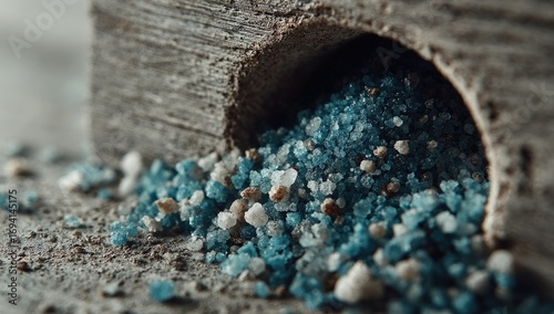 Close-up of colorful granular substance spilling from a wooden trough