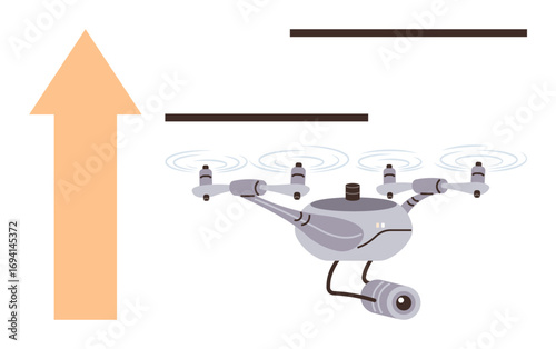 Advanced Quadcopter with camera and rotating blades rising alongside bold upward arrow. Ideal for technology, innovation, progress, surveillance, robotics, flight, growth. Sleek and simple flat