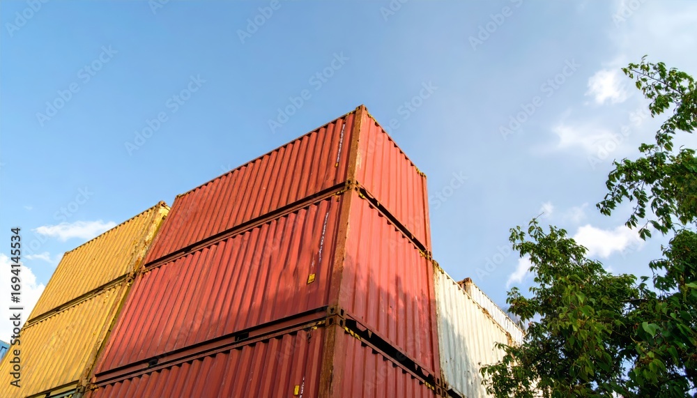 Fototapeta premium Red freight containers are stacked at a busy industrial port with a large shipping vessel in the harbor