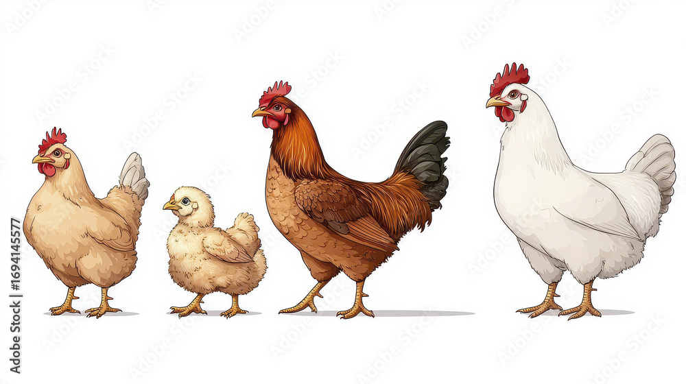 Fototapeta premium Cute cartoon illustration of chickens in various stages of growth, showcasing chick, young hen, and adult hens