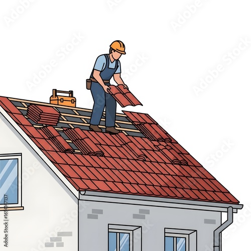 Illustration of a roofer in a hard hat repairing a house roof with red tiles, showing construction and maintenance work