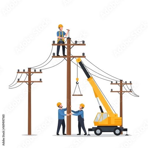 Dedicated utility workers installing and maintaining electrical power poles and intricate wiring systems to ensure consistent energy distribution