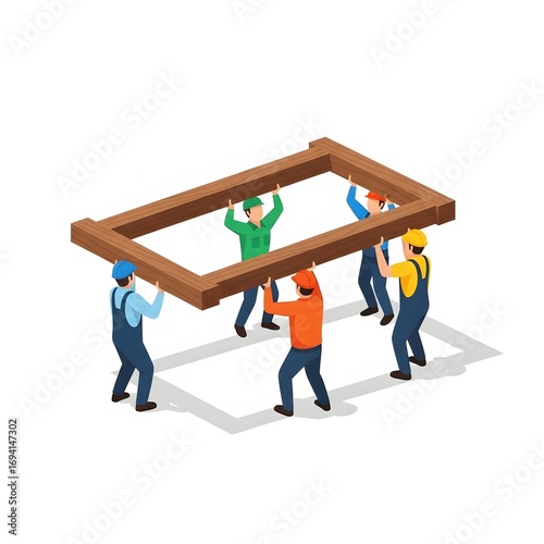 Team of construction workers carrying a large wooden frame for a building project