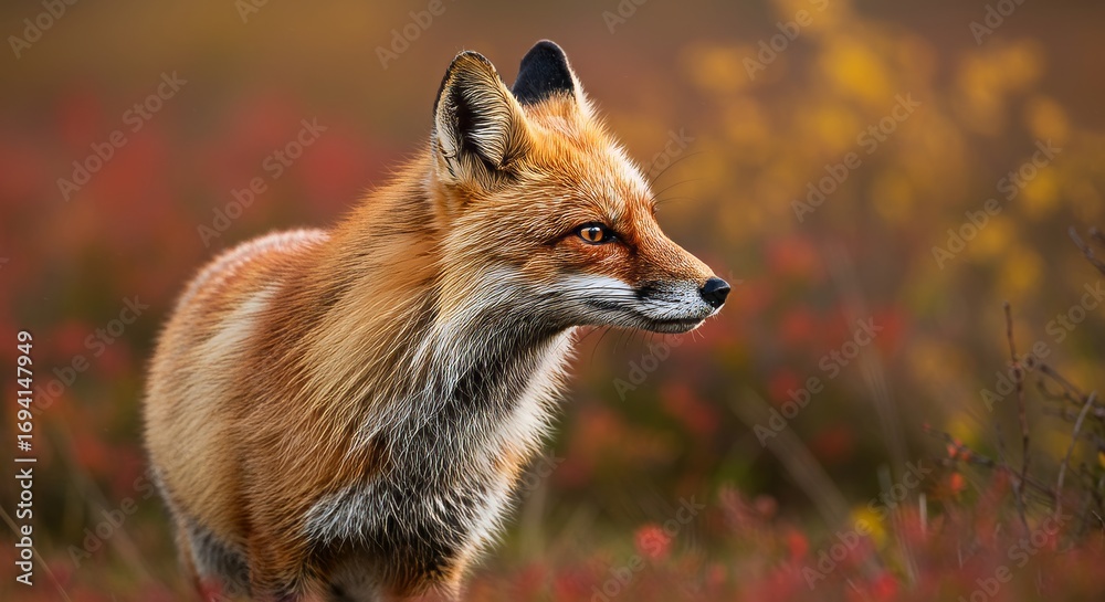 Naklejka premium A red fox standing alert in a field of red shrubs.